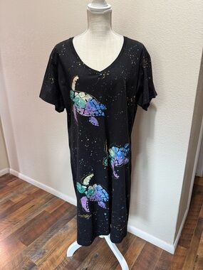 Handpainted Art Wear Black Tee Dress with Sea Turtle Print - Size 2X/3X - NWT